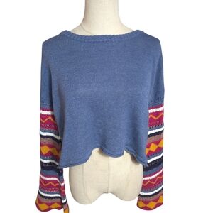 Altar'd State Blue Cropped Sweater with Crochet Patterned Bell Sleeves